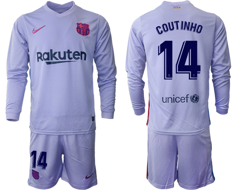 Men 2021-2022 Club Barcelona Second away purple Long Sleeve #14 Soccer Jersey->barcelona jersey->Soccer Club Jersey